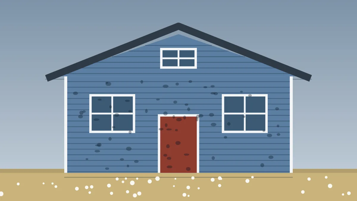 Illustration of a house with hail dents across its blue lap siding and hailstones on the ground.